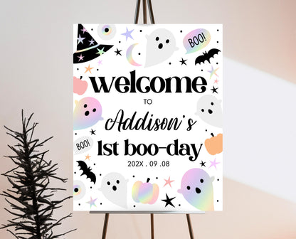 Editable Pastel Halloween Birthday Welcome Sign, Holographic Halloween Sign, Spooky Welcome Poster, Halloween Template, Printable, PHBP02