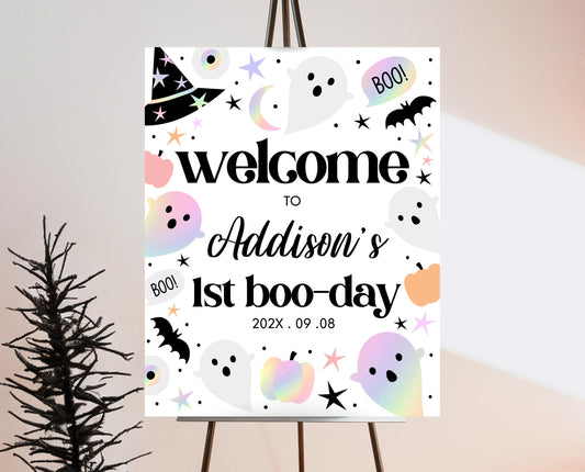 Editable Pastel Halloween Birthday Welcome Sign, Holographic Halloween Sign, Spooky Welcome Poster, Halloween Template, Printable, PHBP02