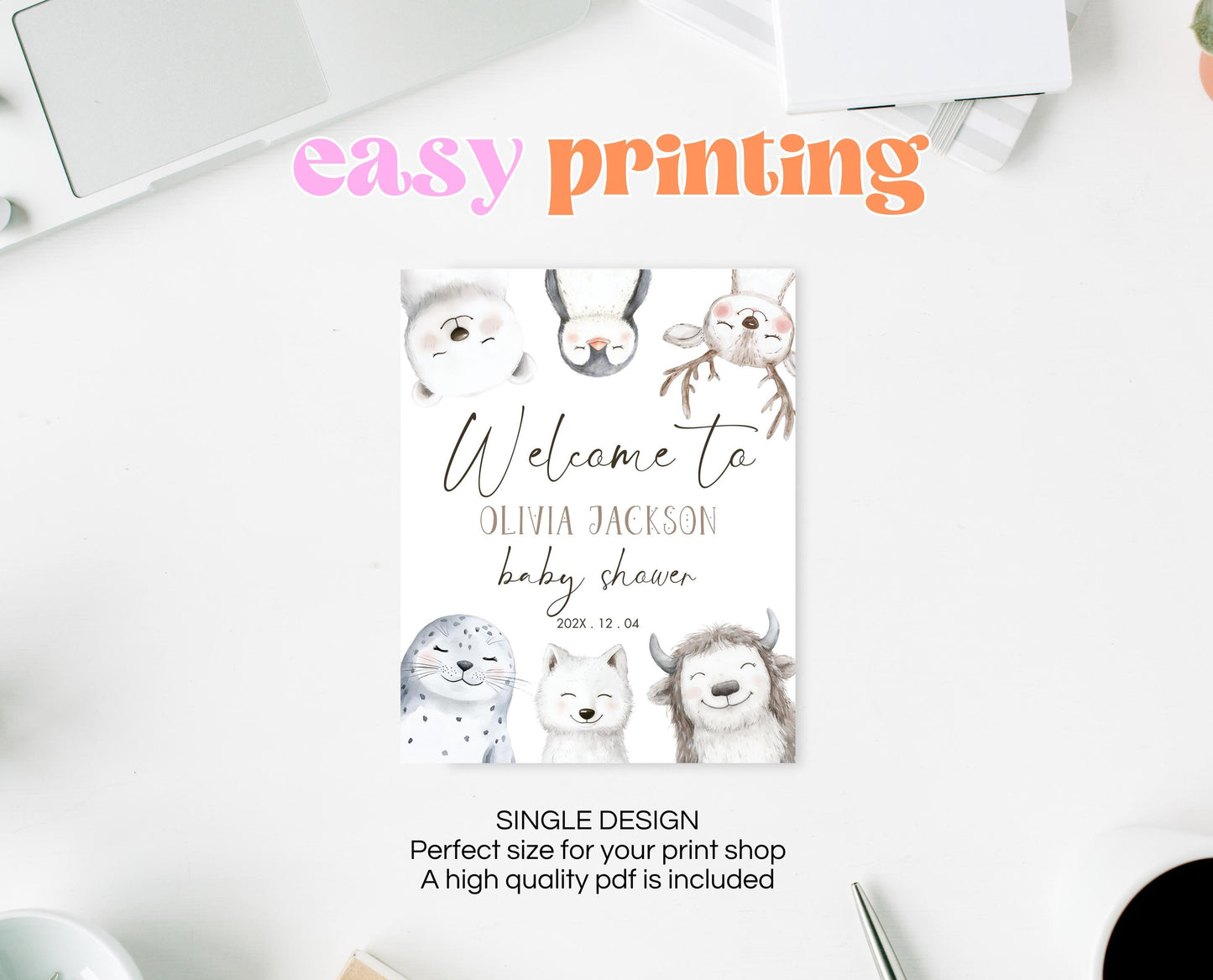 Editable Winter Arctic Animals Baby Shower Welcome Sign, Winter Baby Shower Welcome Poster, Snow Much Fun Baby, Winter Baby Animals, WBS01