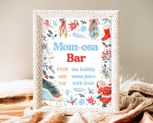 Mom-osa Bar Sign Christmas Baby Shower, Christmas Baby Shower Mimosa Sign, Blue Christmas Sign, Booy Baby Shower Christmas Sign, CBS01