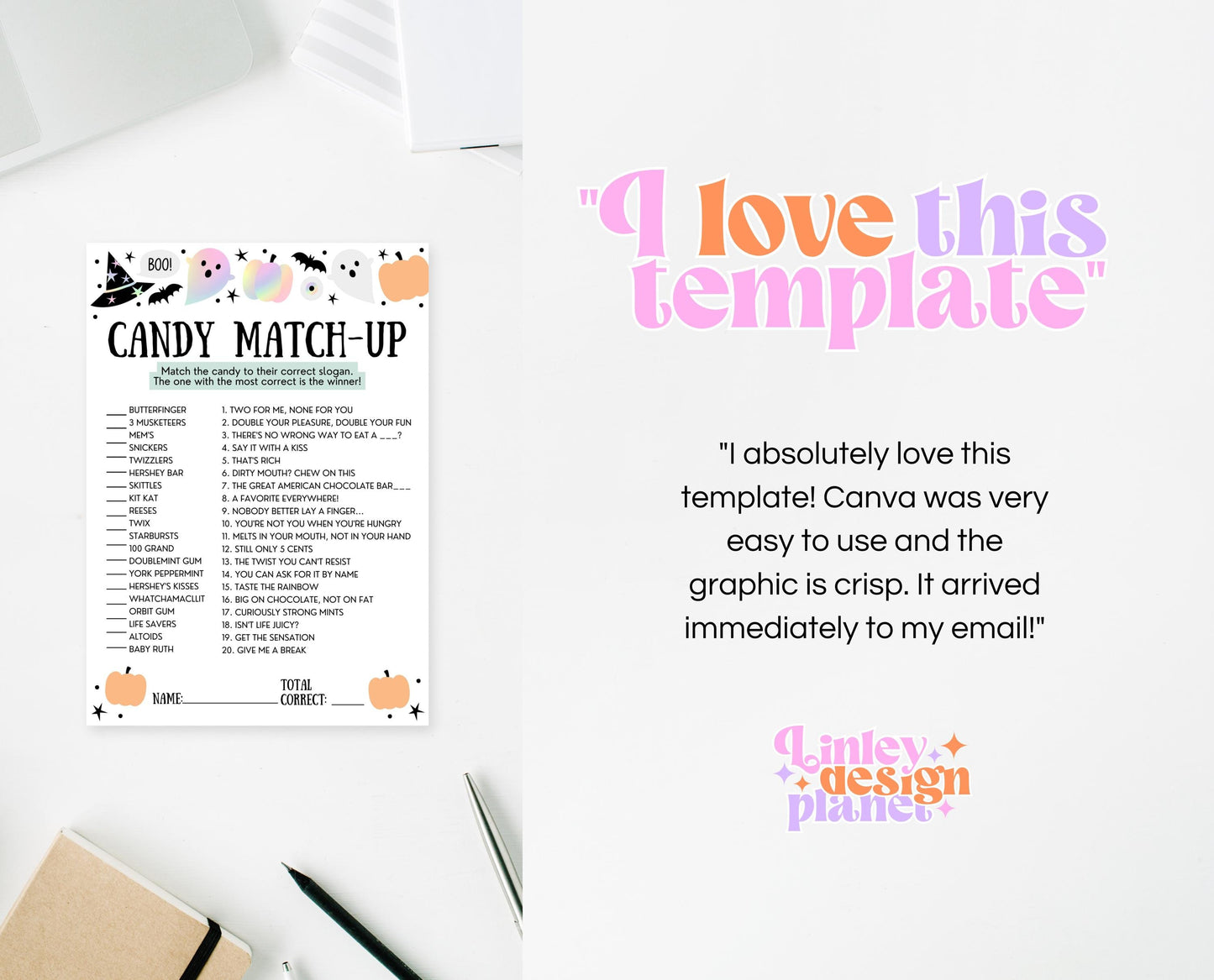 Halloween Candy Match-Up Game Template, Halloween Trivia, Halloween Party Game, Halloween Fun Games, Halloween Family Party Game
