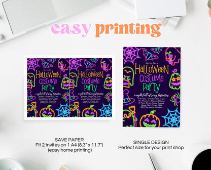 Editable Neon Halloween Costume Party Invitation, Spooky Halloween Party Invite, Neon Halloween Birthday Invite, Neon Invitation, PHBP07