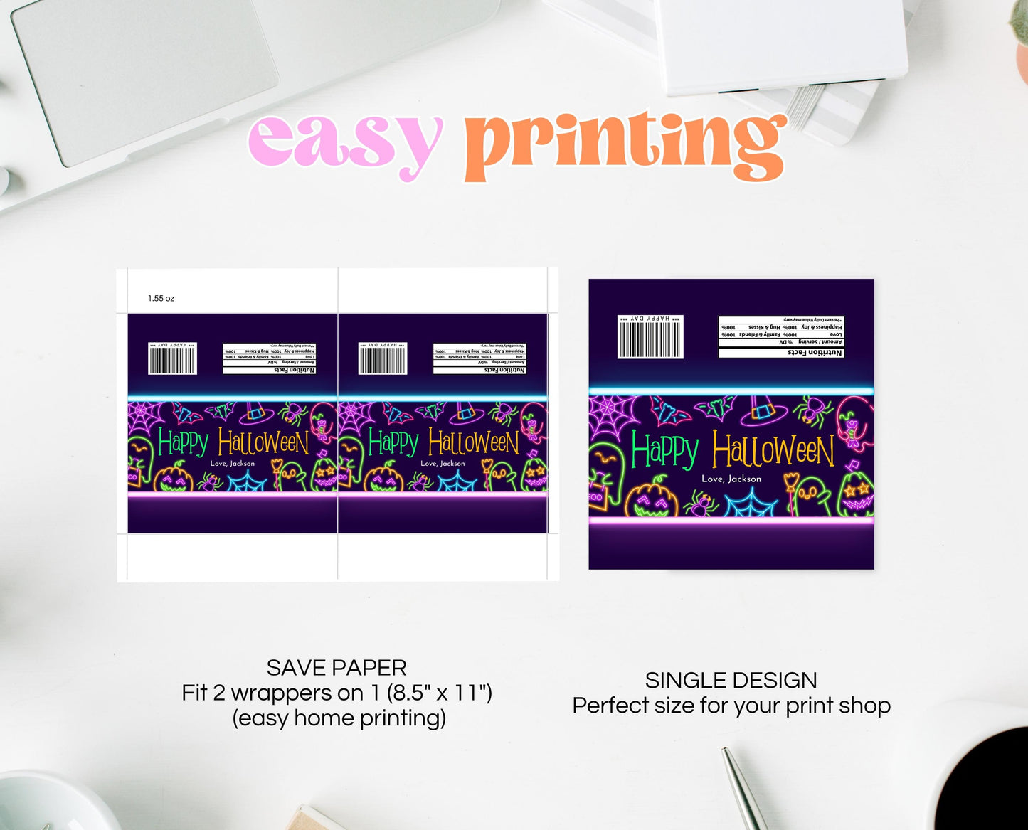 Editable Neon Halloween Candy Bar Wrapper Template, Halloween Chocolate Wrapper Template, Halloween Chocolate Gift Printable, PHBP07