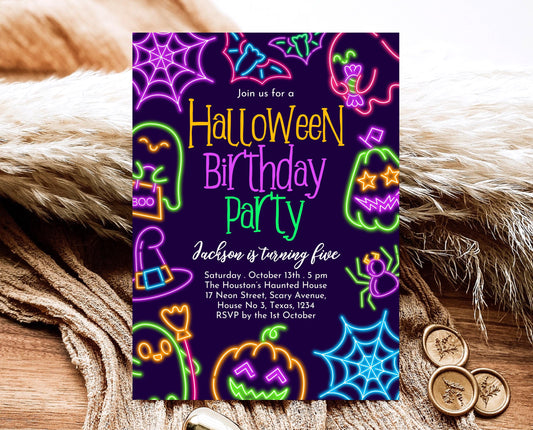 Editable Neon Halloween Birthday Invitation Template, Spooky Halloween Invite, Neon Halloween Party Invite, Neon Halloween Invite, PHBP07