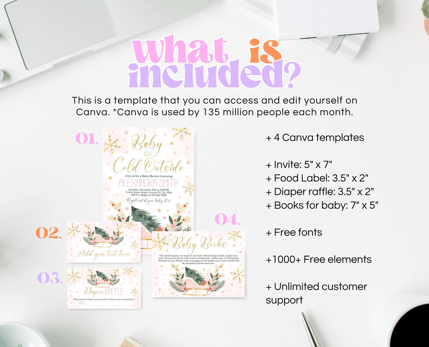 Editable Baby It's Cold Outside Baby Shower Invitation Bundle, Girl Baby Shower Set, Blush Pink Sleigh Christmas Invite Bundle Pack, CBS03