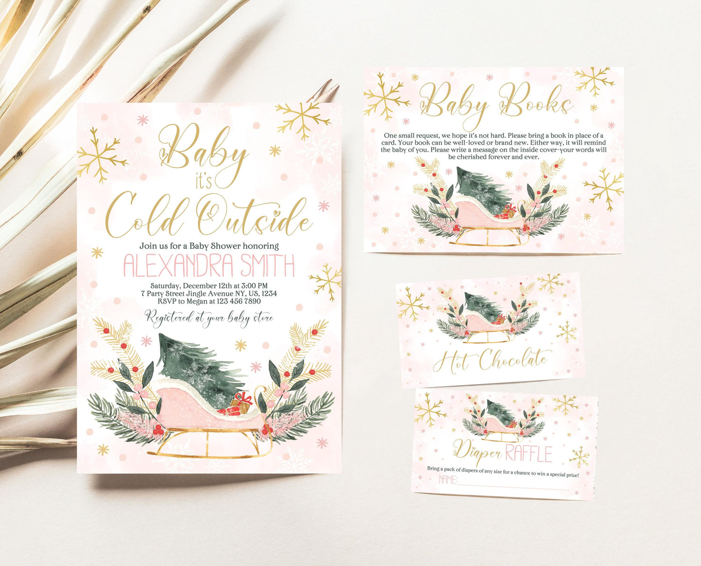 Editable Baby It's Cold Outside Baby Shower Invitation Bundle, Girl Baby Shower Set, Blush Pink Sleigh Christmas Invite Bundle Pack, CBS03