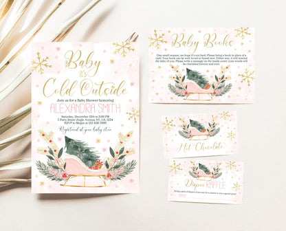 Editable Baby It's Cold Outside Baby Shower Invitation Bundle, Girl Baby Shower Set, Blush Pink Sleigh Christmas Invite Bundle Pack, CBS03