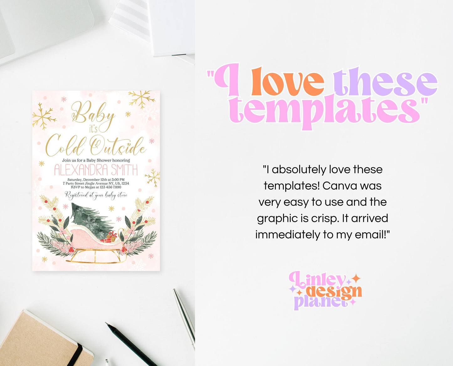 Editable Baby It's Cold Outside Baby Shower Invitation Bundle, Girl Baby Shower Set, Blush Pink Sleigh Christmas Invite Bundle Pack, CBS03