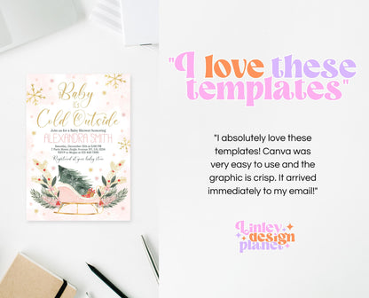 Editable Baby It's Cold Outside Baby Shower Invitation Bundle, Girl Baby Shower Set, Blush Pink Sleigh Christmas Invite Bundle Pack, CBS03