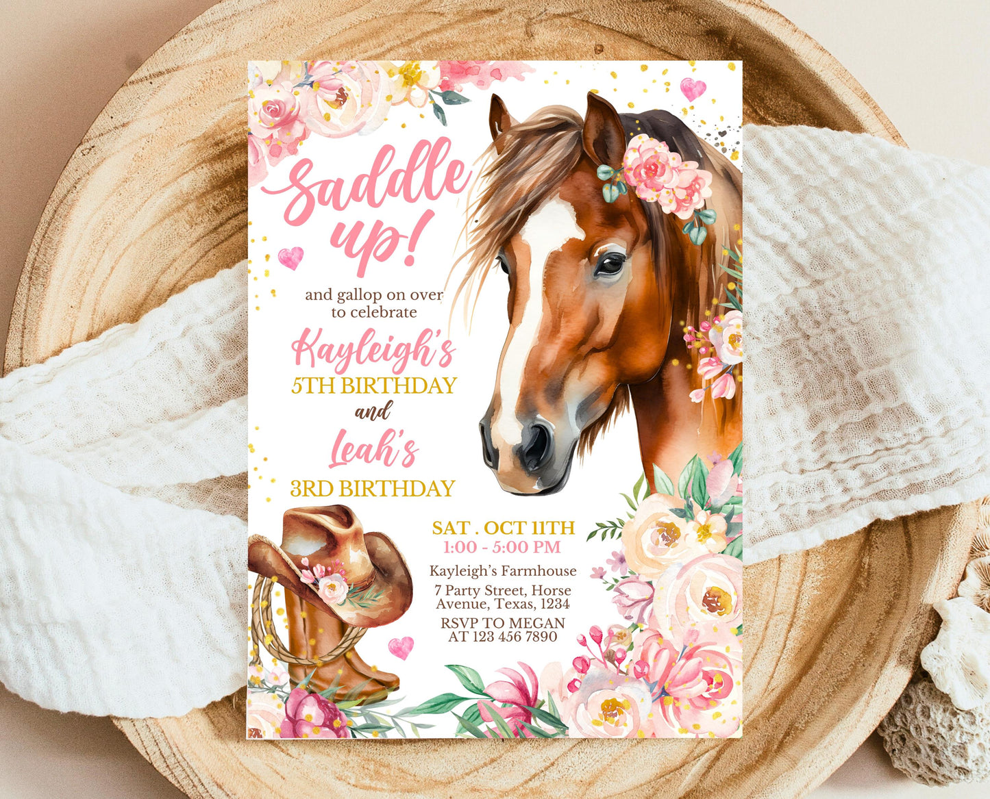 Editable Cowgirl Birthday Joint Invitation Template, Girl Horse Birthday Invitation, Cowgirl Party Horse Invite, Siblings Birthday Invite
