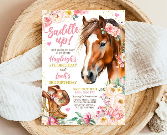 Editable Cowgirl Birthday Joint Invitation Template, Girl Horse Birthday Invitation, Cowgirl Party Horse Invite, Siblings Birthday Invite
