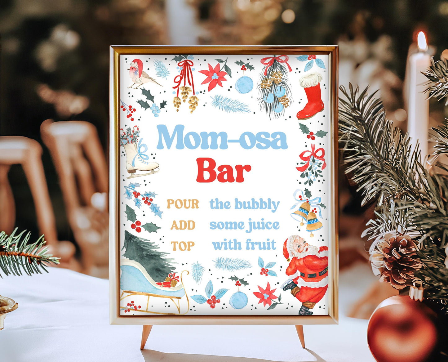 Mom-osa Bar Sign Christmas Baby Shower, Christmas Baby Shower Mimosa Sign, Blue Christmas Sign, Booy Baby Shower Christmas Sign, CBS01
