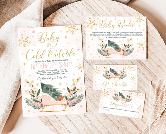 Editable Baby It's Cold Outside Baby Shower Invitation Bundle, Girl Baby Shower Set, Blush Pink Sleigh Christmas Invite Bundle Pack, CBS03