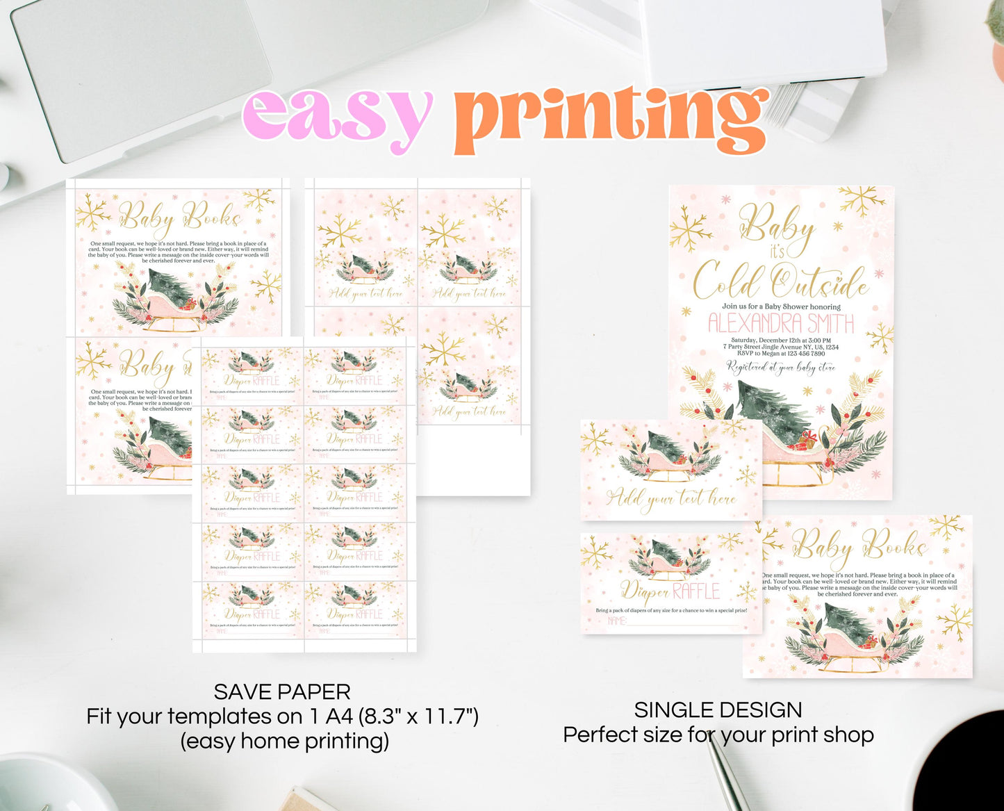 Editable Baby It's Cold Outside Baby Shower Invitation Bundle, Girl Baby Shower Set, Blush Pink Sleigh Christmas Invite Bundle Pack, CBS03