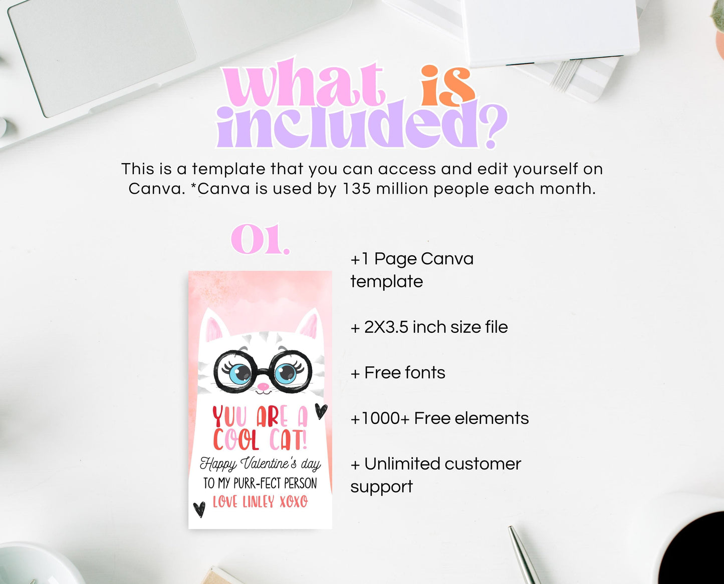 Editable Valentine's Day Gift Tag, Cool Cat Valentine's Gift Tag, Happy Valentines Day Tag, Printable, Template, Instant Download, Gift Tag
