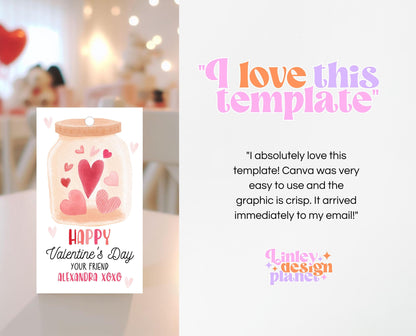 Editable Valentine's Day Gift Tag, Jar Of Hearts Valentine's Gift Tag, Happy Valentine's Day Tag, Printable, Template, Instant Download