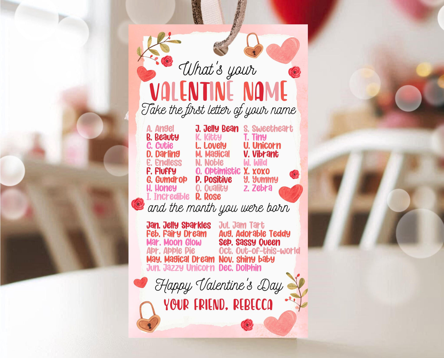 Editable What's Your Valentine Name Game Gift Tag, Valentine's Name Game, Valentine Classroom Gift, School Love Tag, Instant Download