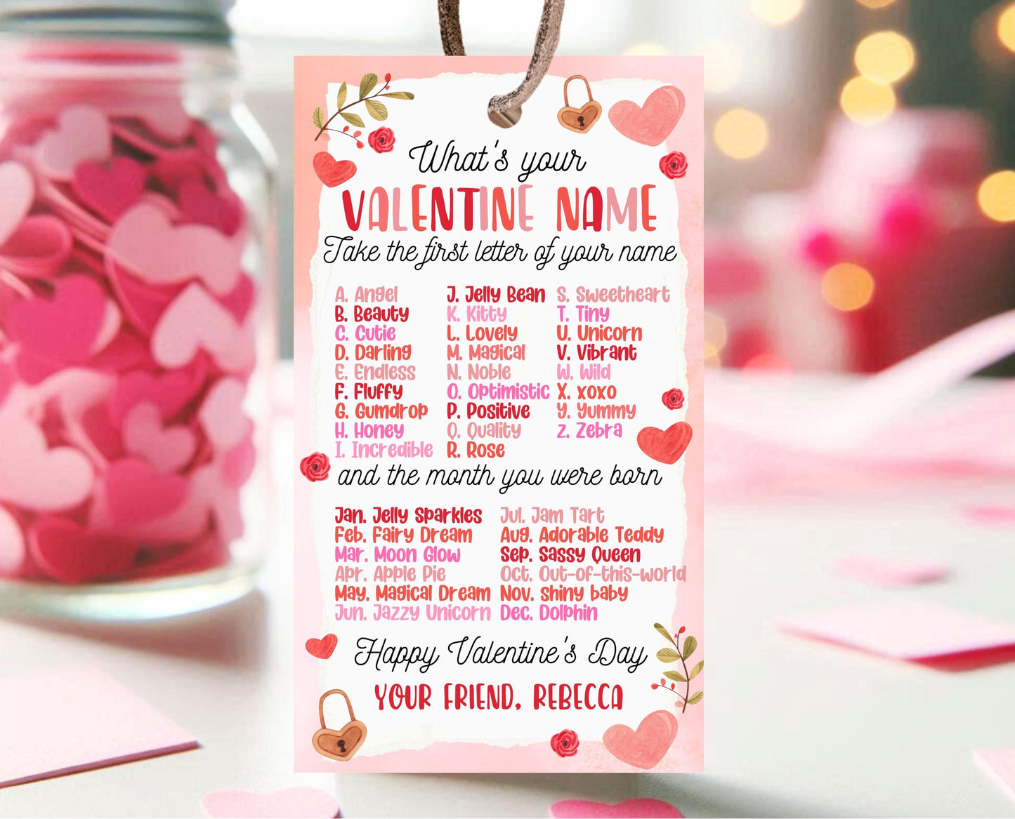 Editable What's Your Valentine Name Game Gift Tag, Valentine's Name Game, Valentine Classroom Gift, School Love Tag, Instant Download