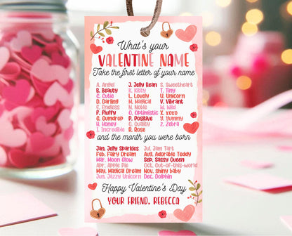 Editable What's Your Valentine Name Game Gift Tag, Valentine's Name Game, Valentine Classroom Gift, School Love Tag, Instant Download