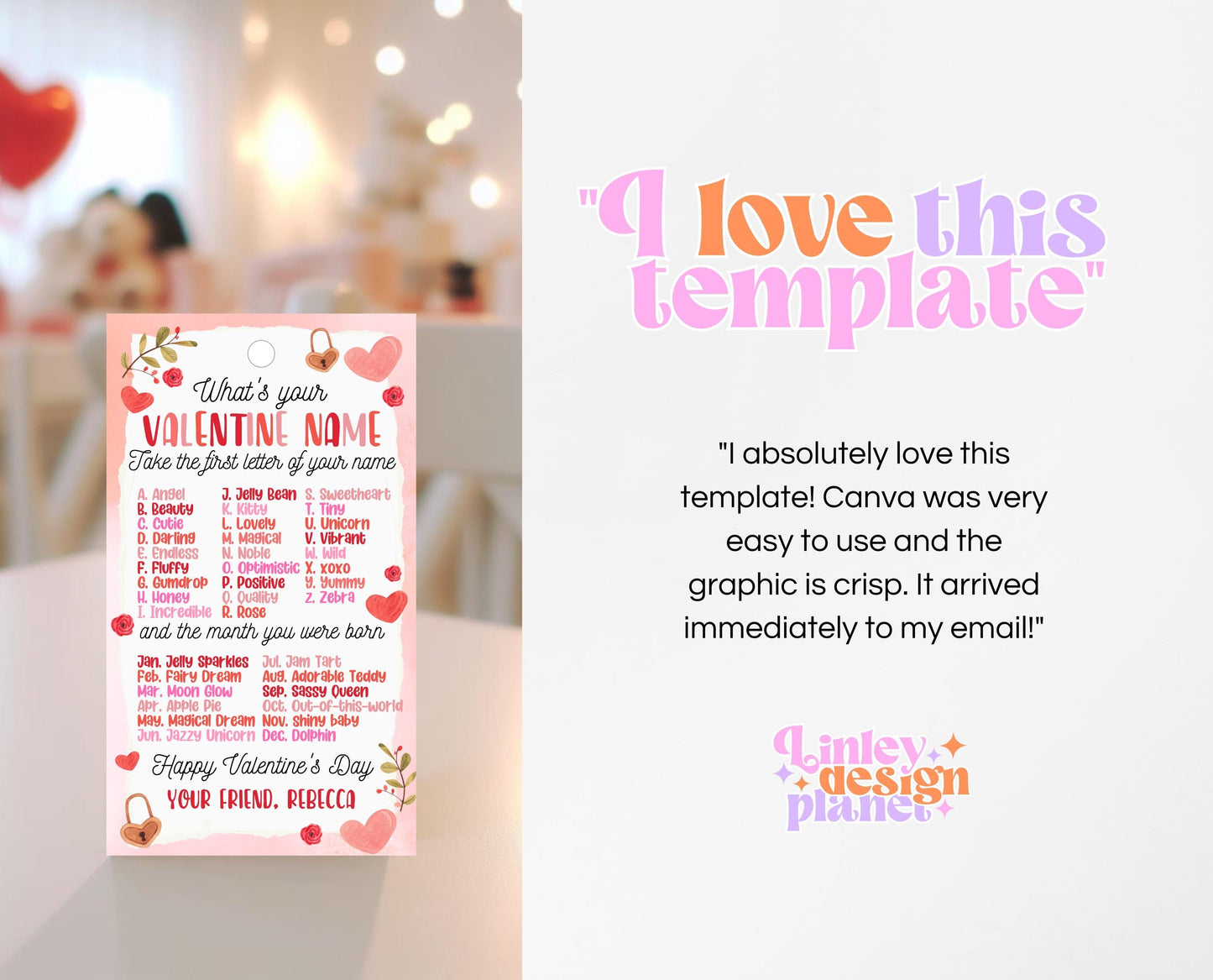 Editable What's Your Valentine Name Game Gift Tag, Valentine's Name Game, Valentine Classroom Gift, School Love Tag, Instant Download