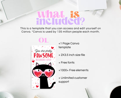 Editable Happy Valentine's Day Gift Tag, Pink Red Heart Sunglasses Tag, Cool Black Cat Valentine Tag, School Valentine Tag, Instant Download