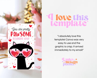 Editable Happy Valentine's Day Gift Tag, Pink Red Heart Sunglasses Tag, Cool Black Cat Valentine Tag, School Valentine Tag, Instant Download