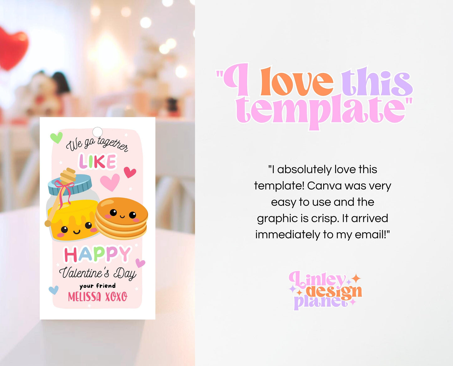 Editable Pancakes Valentine Gift Tag, Valentine Gift Tags, School Valentine Cards, Printable, Pancakes and Honey Gift Tag, Instant Download