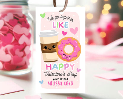 Editable Valentine Gift Tag, Donut Valentine Gift Tags, School Teacher Valentine Cards, Printable, Coffee and Donut Tag, Instant Download