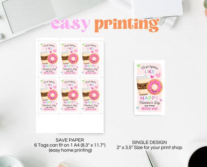 Editable Valentine Gift Tag, Donut Valentine Gift Tags, School Teacher Valentine Cards, Printable, Coffee and Donut Tag, Instant Download