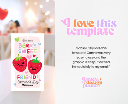Editable Strawberry Valentines Gift Tag, Valentine You Are A Berry Sweet, Friend Tag Valentines, Fruit, Classroom Gift Tag, Instant Download