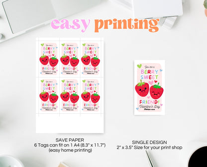Editable Strawberry Valentines Gift Tag, Valentine You Are A Berry Sweet, Friend Tag Valentines, Fruit, Classroom Gift Tag, Instant Download