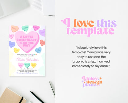 Editable Sweetheart Baby Shower Invitation, Conversation Hearts Theme Baby Shower, A Little Sweetheart Invite, Valentines Baby Shower, VDC01