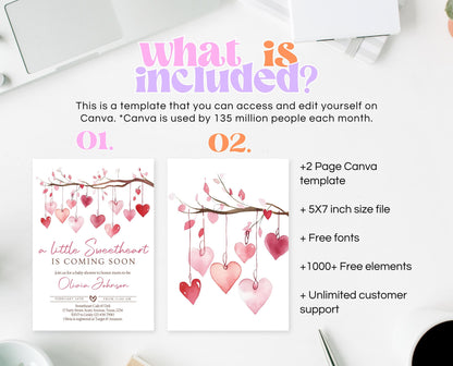 Editable Valentine Baby Shower Invitation, A Little Sweetheart Baby Shower Invite, Pink Red Hearts Baby Shower Invite, Download, VDC02