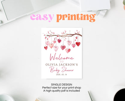 Editable Valentine Baby Shower Welcome Sign, A Little Sweetheart Baby Shower Sign, Pink Red Hearts Baby Shower Welcome Sign, Download, VDC02