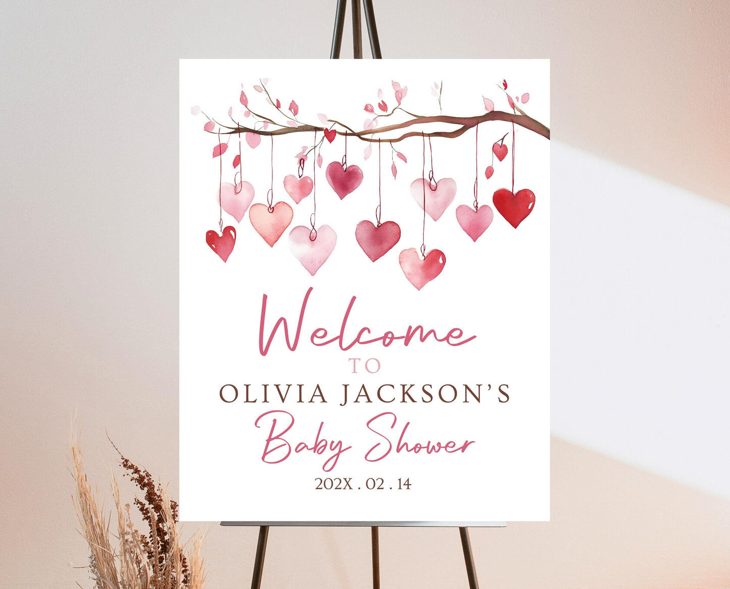 Editable Valentine Baby Shower Welcome Sign, A Little Sweetheart Baby Shower Sign, Pink Red Hearts Baby Shower Welcome Sign, Download, VDC02