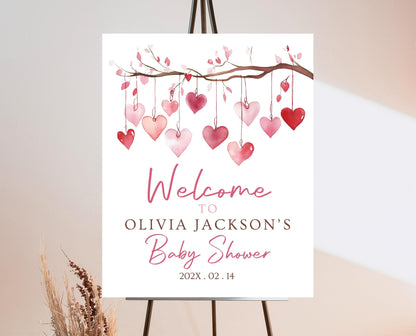 Editable Valentine Baby Shower Welcome Sign, A Little Sweetheart Baby Shower Sign, Pink Red Hearts Baby Shower Welcome Sign, Download, VDC02