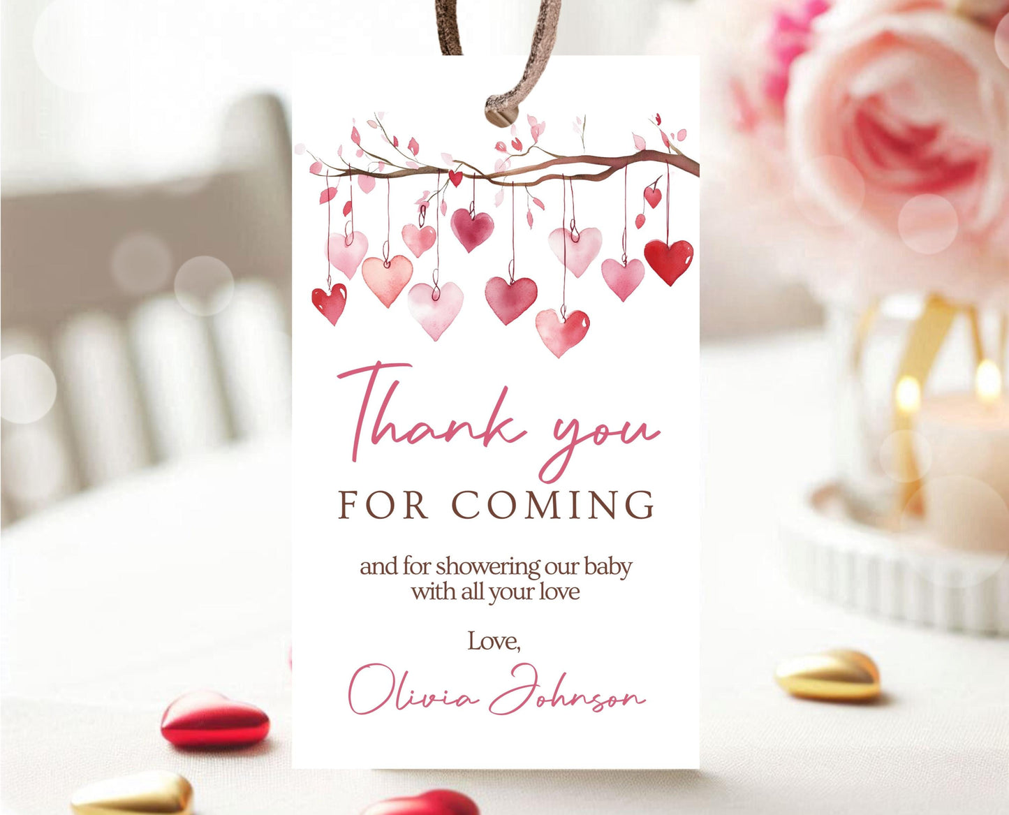 Editable Valentine Baby Shower Favor Tag, A Little Sweetheart Baby Shower Tag, Pink Red Hearts Baby Shower Tag, Instant Download, VDC02