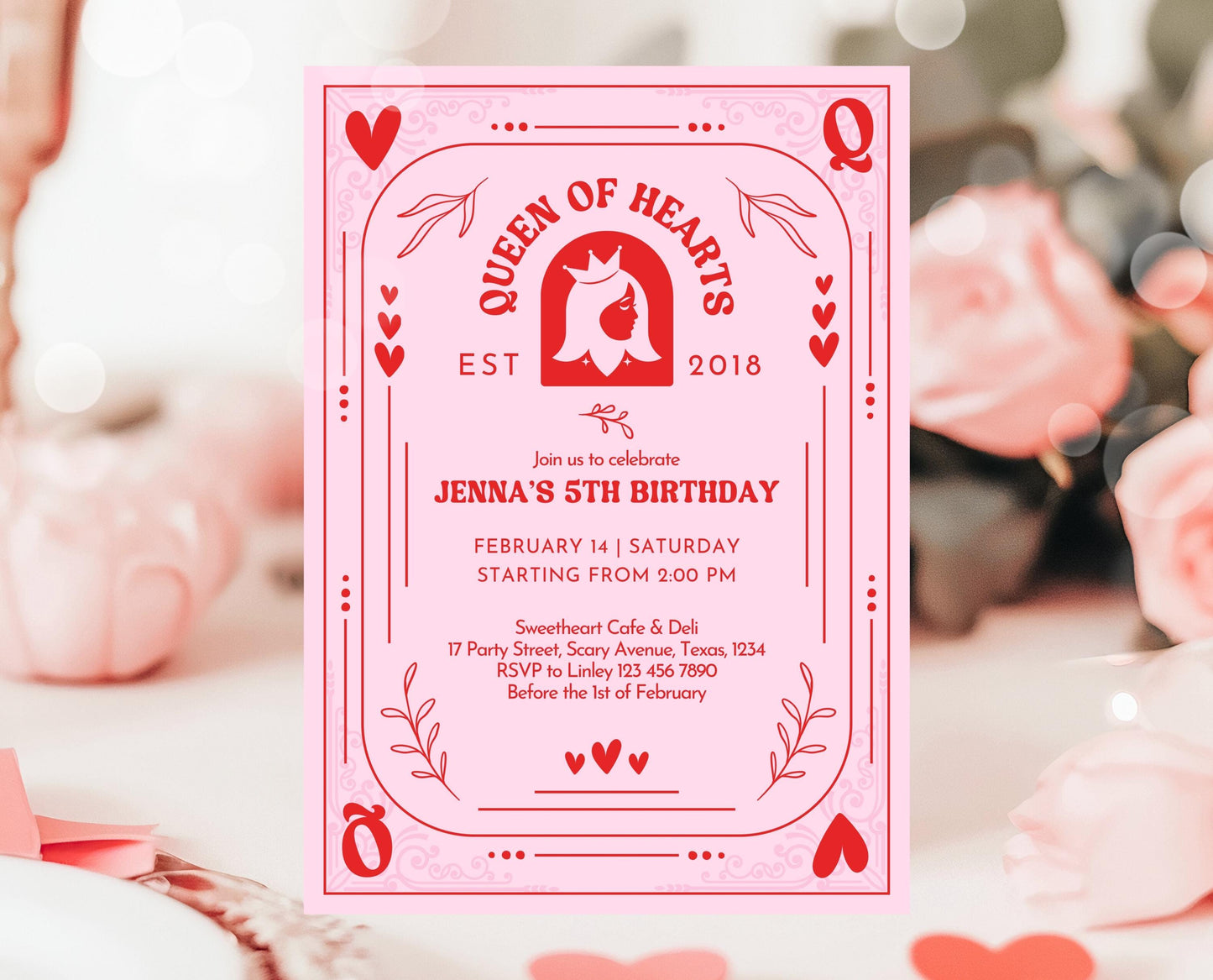 Editable Queen Of Hearts Birthday Invitation, Valentine's Birthday Invite, Pink Red Birthday Invite, Download, Queen Card Invite, VDC03