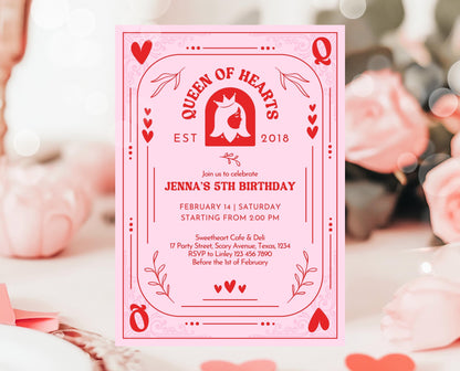 Editable Queen Of Hearts Birthday Invitation, Valentine's Birthday Invite, Pink Red Birthday Invite, Download, Queen Card Invite, VDC03