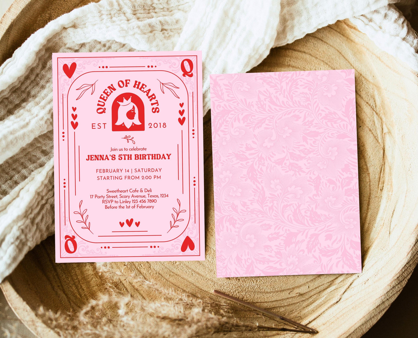 Editable Queen Of Hearts Birthday Invitation, Valentine's Birthday Invite, Pink Red Birthday Invite, Download, Queen Card Invite, VDC03