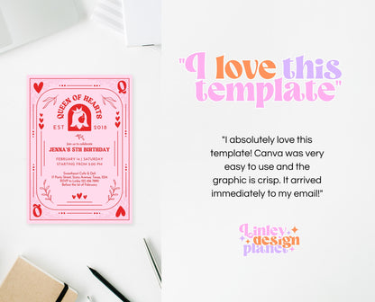 Editable Queen Of Hearts Birthday Invitation, Valentine's Birthday Invite, Pink Red Birthday Invite, Download, Queen Card Invite, VDC03