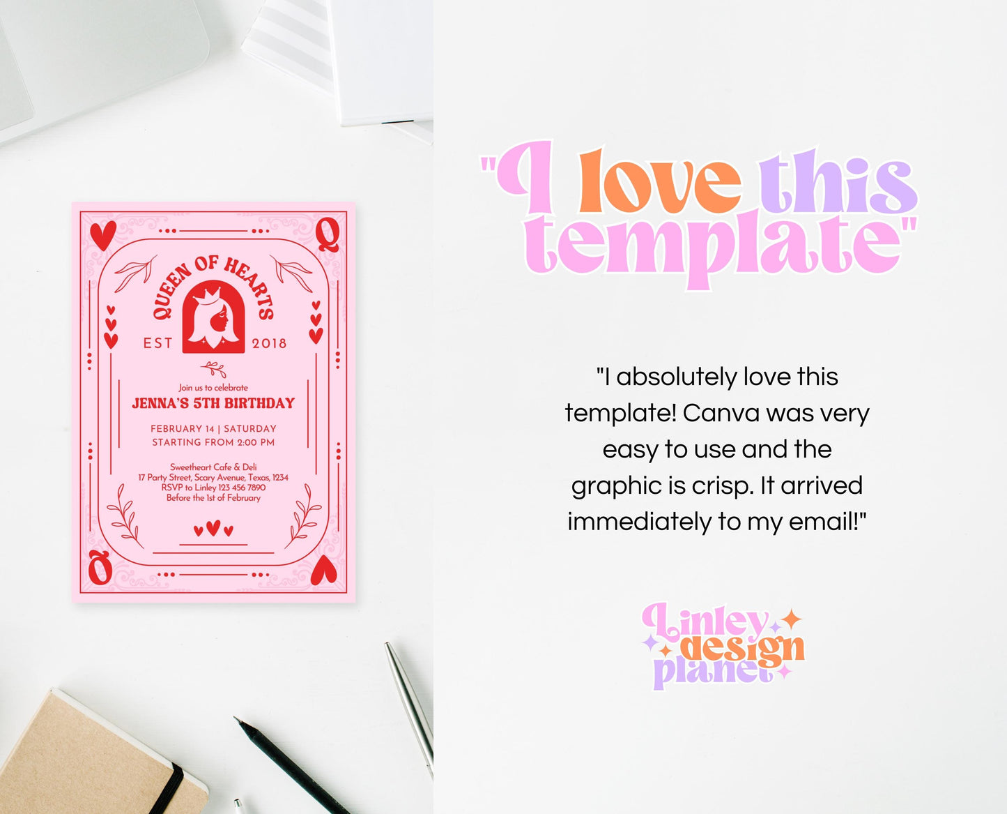 Editable Queen Of Hearts Birthday Invitation, Valentine's Birthday Invite, Pink Red Birthday Invite, Download, Queen Card Invite, VDC03