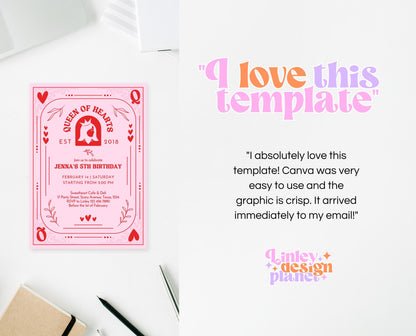 Editable Queen Of Hearts Birthday Invitation, Valentine's Birthday Invite, Pink Red Birthday Invite, Download, Queen Card Invite, VDC03