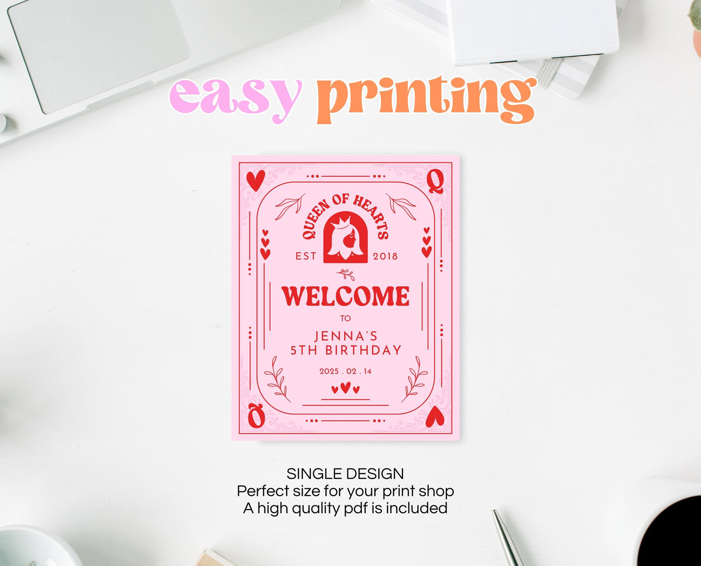Editable Queen Of Hearts Birthday Welcome Sign, Valentine's Birthday Sign, Pink Red Birthday Welcome Poster, Download, Queen Card, VDC03