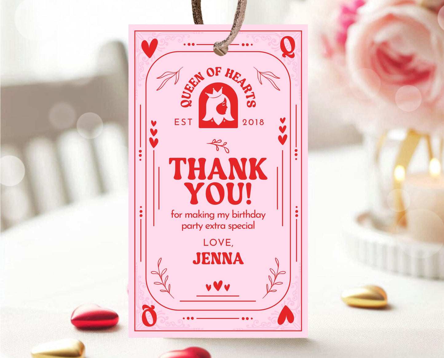 Editable Queen Of Hearts Birthday Favor Tag, Valentine's Birthday Tag, Pink Red Birthday Tag, Queen Poker Card, Valentine Gift Tag, VDC03