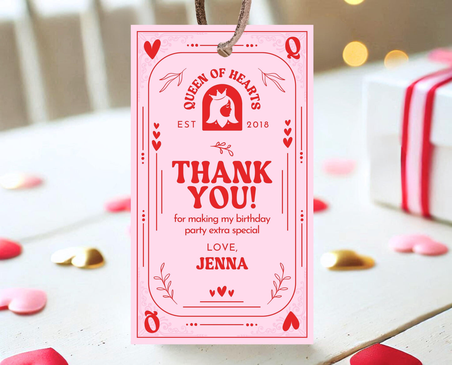 Editable Queen Of Hearts Birthday Favor Tag, Valentine's Birthday Tag, Pink Red Birthday Tag, Queen Poker Card, Valentine Gift Tag, VDC03