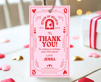 Editable Queen Of Hearts Birthday Favor Tag, Valentine's Birthday Tag, Pink Red Birthday Tag, Queen Poker Card, Valentine Gift Tag, VDC03