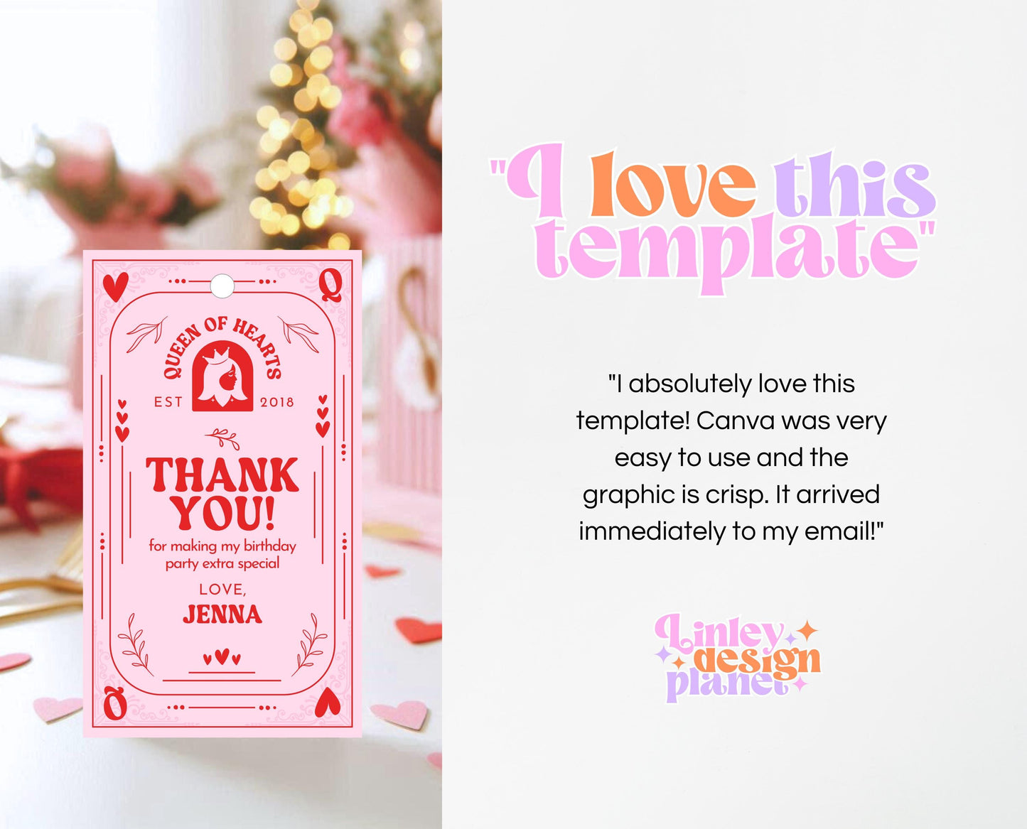 Editable Queen Of Hearts Birthday Favor Tag, Valentine's Birthday Tag, Pink Red Birthday Tag, Queen Poker Card, Valentine Gift Tag, VDC03