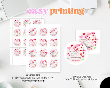 Editable Valentine's Day Favor Tag, Pizza of My Heart Valentine's Gift Tag, Happy Valentines Day Tag Printable Template