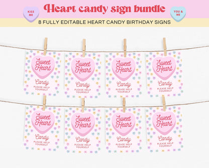 Editable Heart Candy Birthday Sign Bundle, Conversation Hearts Theme Birthday Signs, Sweetheart Party Sign, Pink Valentines Birthday, VDC04